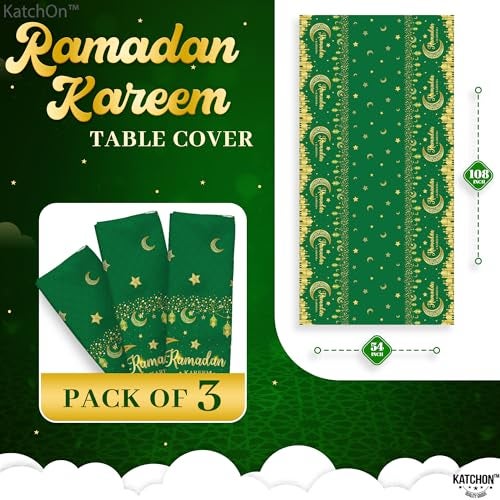 KatchOn Green Ramadan Table Cloth 108x54 Inch Pack of 3 Ramadan Decorations Star and Moon Table Cover for Ramadan Kareem Decor Plastic Table Cloth Disposable - Image 3