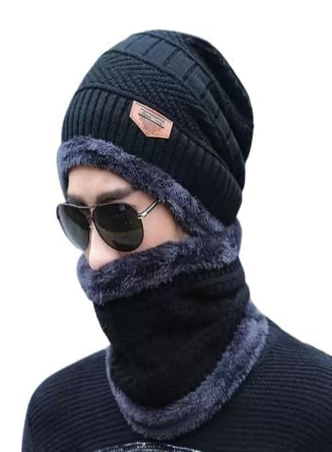 JUPON Soft Woollen Winter Cap for Men with Neck Muflar, Beanie Cap Inner Side Ultra Soft Warm Sherpa Fabric | Pack of 1 Set - Black | Free Size - Image 1