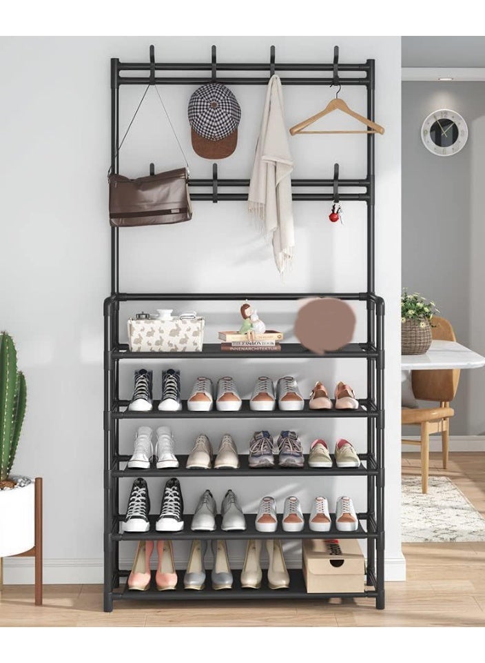 HOME TASTE حامل ملابس ثقيل مع رفوف وعجلات - منظم ملابس معدني قائم بذاته مع قضيب تعليق، حامل معاطف وتخزين أحذية لغرفة النوم، المدخل والمكتب - Image 2