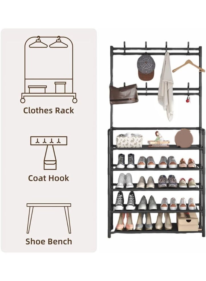 HOME TASTE حامل ملابس ثقيل مع رفوف وعجلات - منظم ملابس معدني قائم بذاته مع قضيب تعليق، حامل معاطف وتخزين أحذية لغرفة النوم، المدخل والمكتب - Image 3