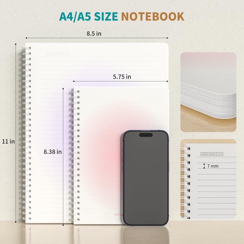 Oucaru Spiral Notebook A4 College Wide Ruled Notebooks 4 Pack 8.5" x 11" Journaling Notebooks 140 Pages 100GSM Gradient Small Lined Notebooks Waterproof PP Cover for Note Taking for Work School Business Travel - Image 3