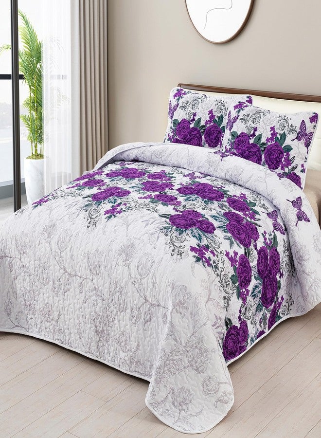 Yiran Purple Floral Quilt Set King Size Rose Spring Bedspreads Bedding Set 3 Pieces Lightweight Microfiber Botanical Coverlet with 2 Pillow Shams for All Season 104x90 Inch - Image 2