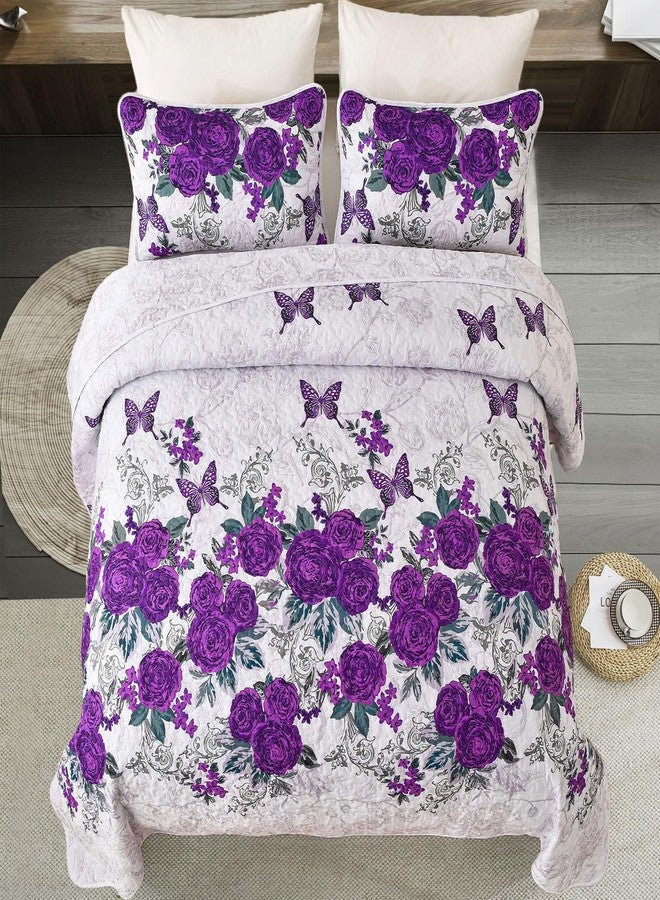 Yiran Purple Floral Quilt Set King Size Rose Spring Bedspreads Bedding Set 3 Pieces Lightweight Microfiber Botanical Coverlet with 2 Pillow Shams for All Season 104x90 Inch - Image 3