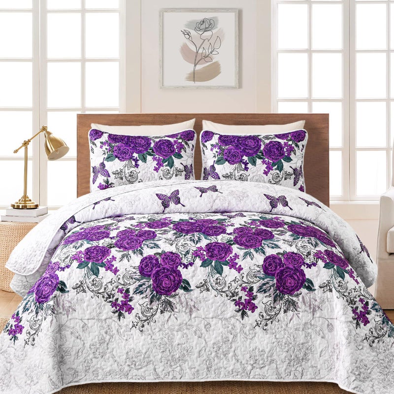 Yiran Purple Floral Quilt Set King Size Rose Spring Bedspreads Bedding Set 3 Pieces Lightweight Microfiber Botanical Coverlet with 2 Pillow Shams for All Season 104x90 Inch - Image 1