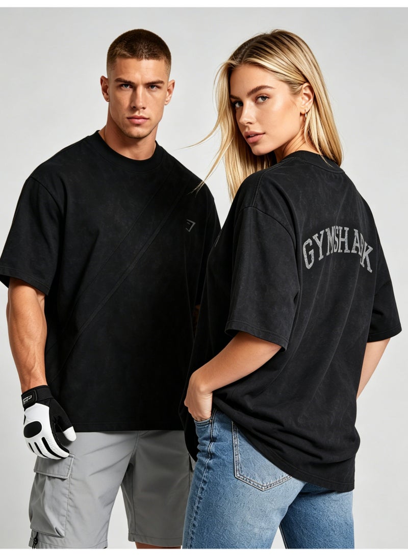 Gymshark Unisex 300GSM Heavyweight 100% Cotton T-Shirt, Diagonal Stitch Vintage Washed Gymshark Graphic Short Sleeve Streetwear Tee for Men Women - Image 1