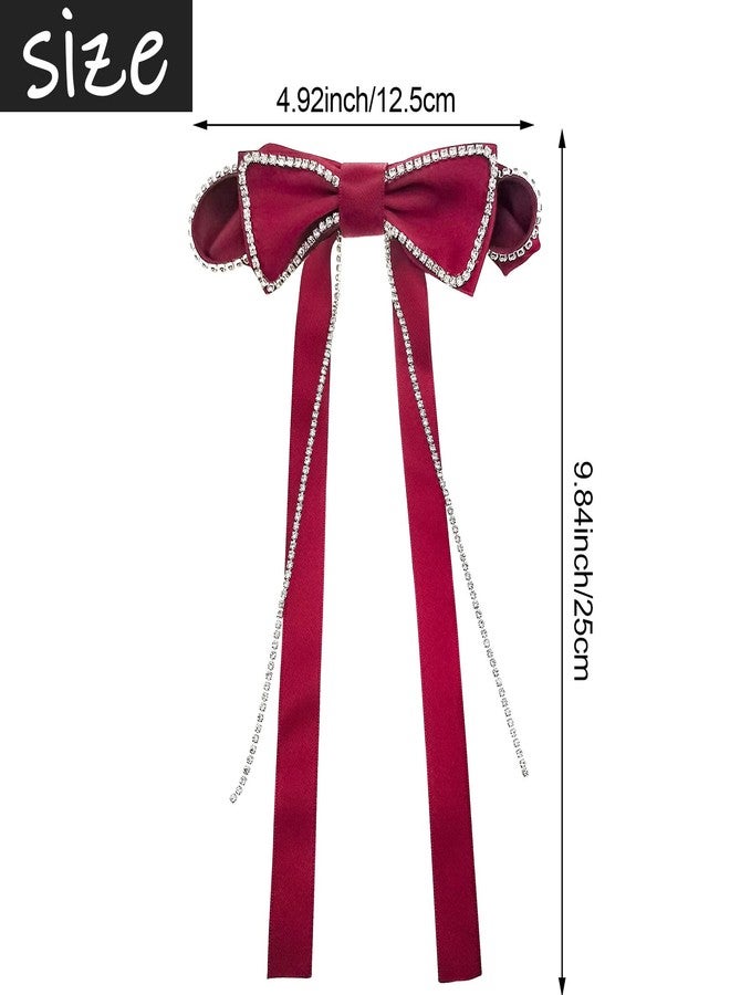 CHIROGRAPHY 2 PCS Rhinestone Bow Hair Clip for Women and Girls | Sparkling Long Ribbon Hair Accessory for Party, Festive, Weddings and Daily Styling | Stylish Decorative Hairpins Bow Barrette (Red) - Image 2