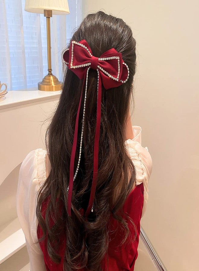 CHIROGRAPHY 2 PCS Rhinestone Bow Hair Clip for Women and Girls | Sparkling Long Ribbon Hair Accessory for Party, Festive, Weddings and Daily Styling | Stylish Decorative Hairpins Bow Barrette (Red) - Image 4