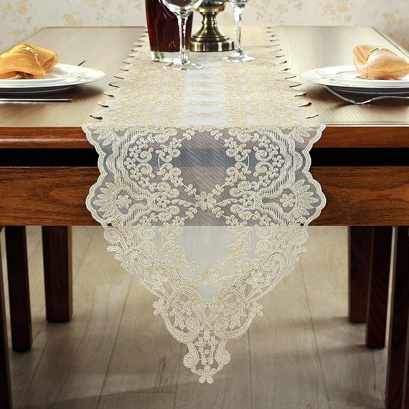 ARTABLE Rectangle Table Runner Lace Macrame Embroidered Table Runners with Exquisite Vintage Shabby Chic for Holiday Wedding Long Dinner Tables (Light Gold, 12 x 108 Inch) - Image 3