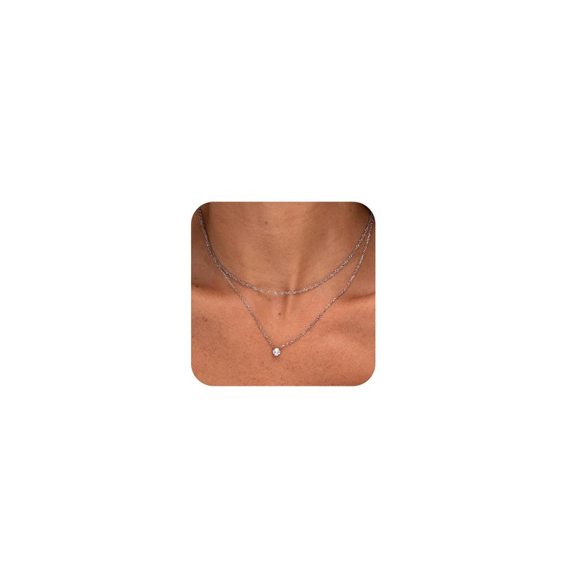 Treasure Bender Dainty Silver Necklace for Women Non Tarnish Layered Silver Necklaces CZ Cubic Zirconia Charm Diamond Pendant Necklace Silver Chain Choker Necklace Stack Set Jewelry Gift - Image 1