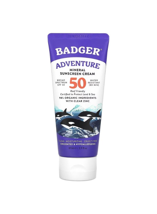 بادجر، أدفنتشر، كريم واقي من الشمس معدني، عامل حماية من الشمس 50، بدون رائحة، 2.9 أونصة سائلة (87 مل)