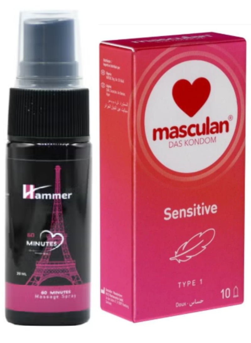 هامر 60 دقيقة بخاخ مساج 20 مل و مجموعة واقي ذكري سينستيف النوع 1 من 10 قطع - Image 1