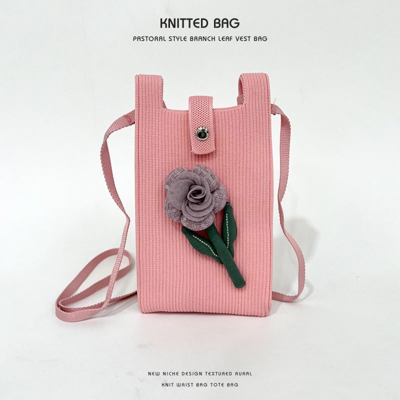 New Knitted Flower Mini Mobile Phone Bag Women'S Cute Korean-Style All-Match Student Change Handbag Crossbody Small Bag - Image 1