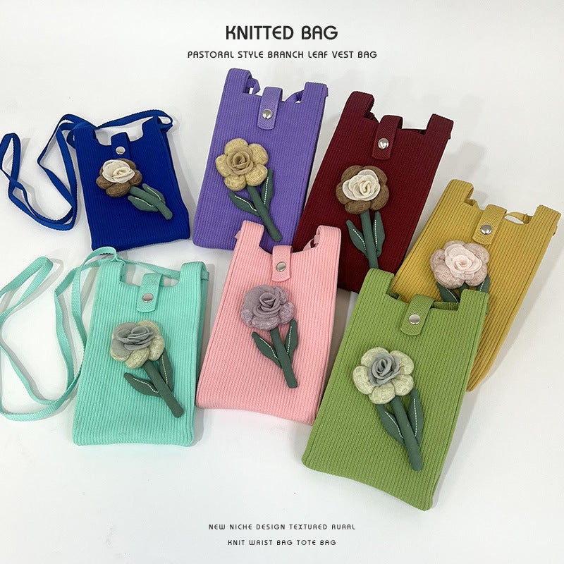 New Knitted Flower Mini Mobile Phone Bag Women'S Cute Korean-Style All-Match Student Change Handbag Crossbody Small Bag - Image 2
