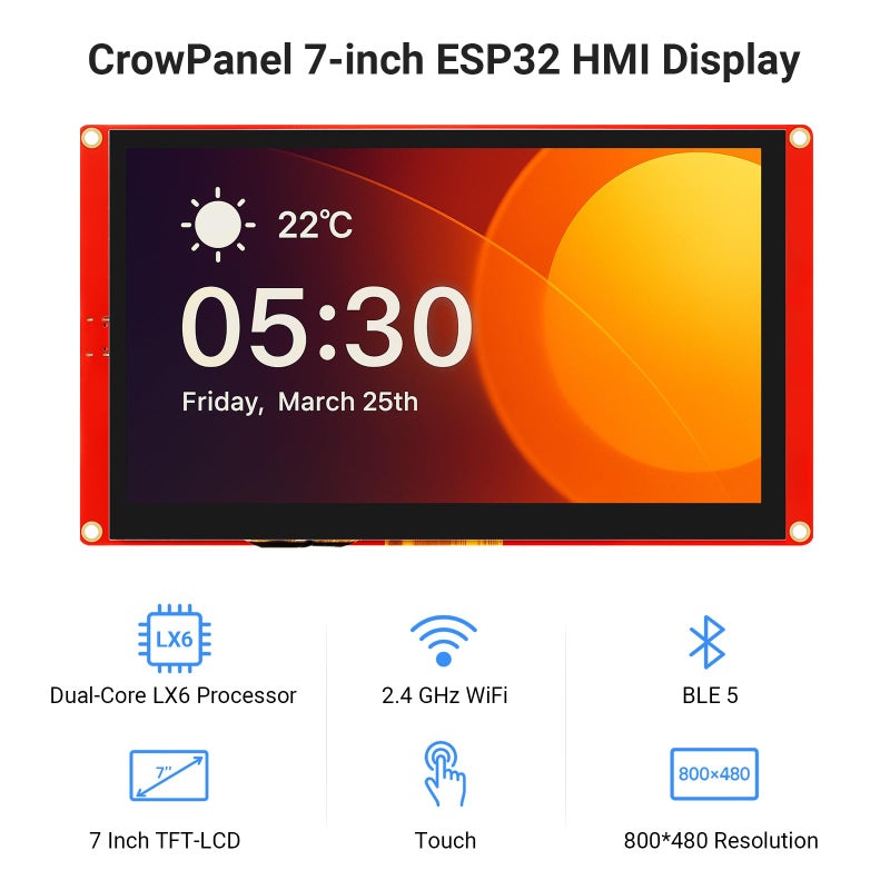 ELECROW ESP32 Display 800Ã—480, 7 Inch HMI Basic ESP32 RGB TFT LCD Touch Screen with Acrylic Case, 32-Bit LX6 Dual-Core Processor, Up to 240MHz, Compatible with Arduino, LVGL, PlatformIO, MicroPython - Image 2