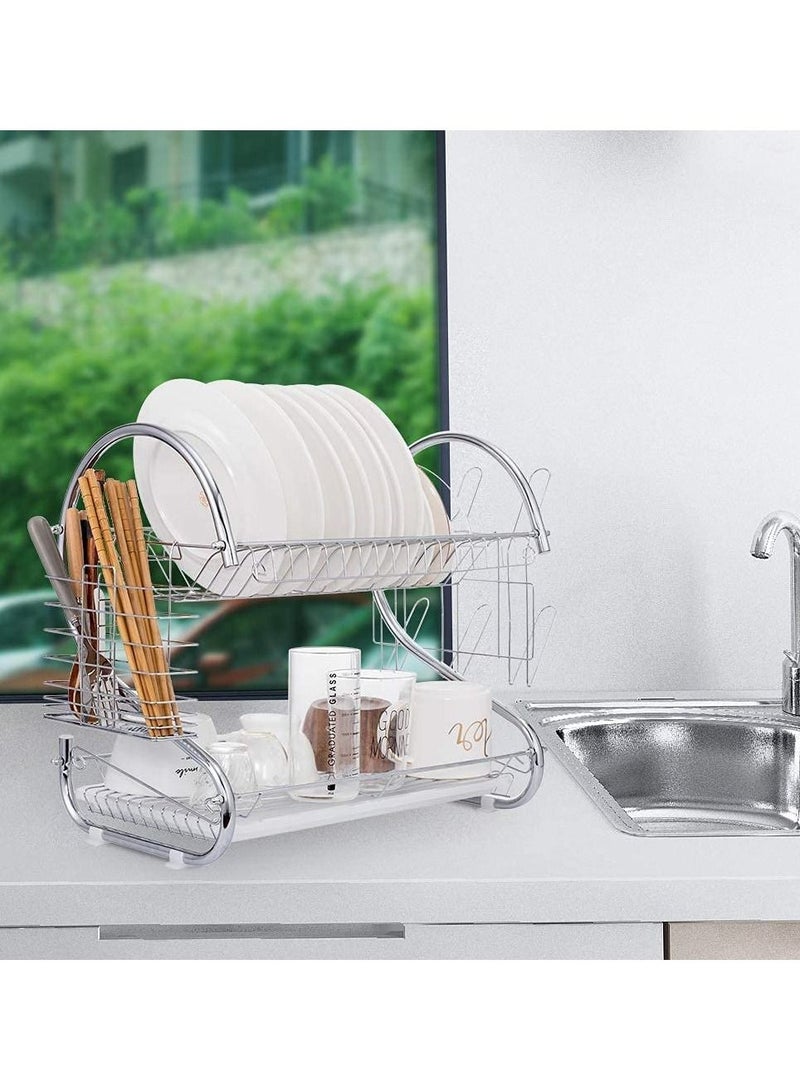 DubaiGallery Dish Drainer Rack, 2 Tier Stainless Steel Dish Rack with Cutting Board, Cutlery, Utensil Holder, Dish Dryer for Kitchen Counter Top Storage, Plated Chrome Dish Drainboard Silver - Image 2