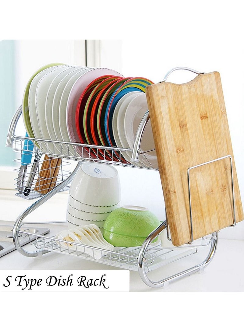 DubaiGallery Dish Drainer Rack, 2 Tier Stainless Steel Dish Rack with Cutting Board, Cutlery, Utensil Holder, Dish Dryer for Kitchen Counter Top Storage, Plated Chrome Dish Drainboard Silver - Image 4