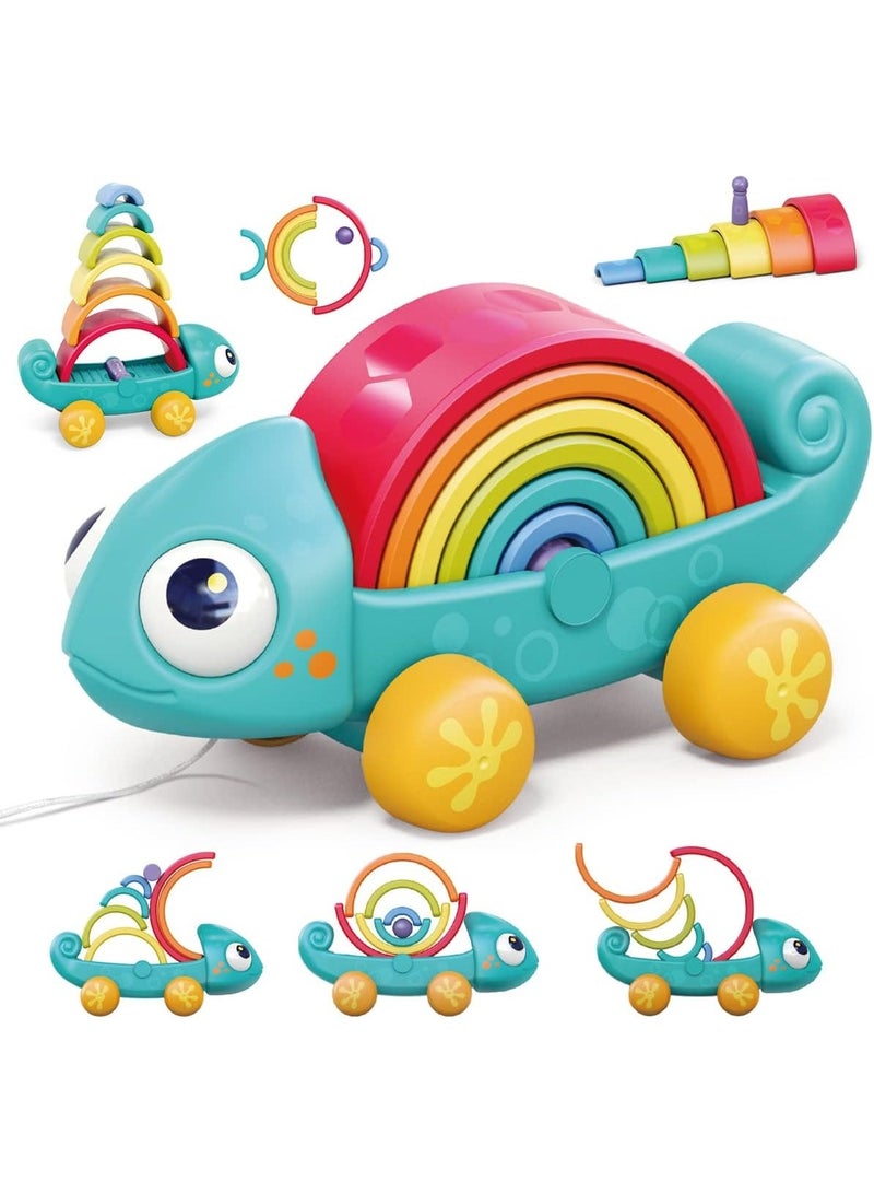 Hola Montessori Toy for Toddlers 1–3 Years, Rainbow Stacking & Sensory Pull Toy Set, Chameleon Push & Pull Car, Preschool Educational Learning Toy - Image 1