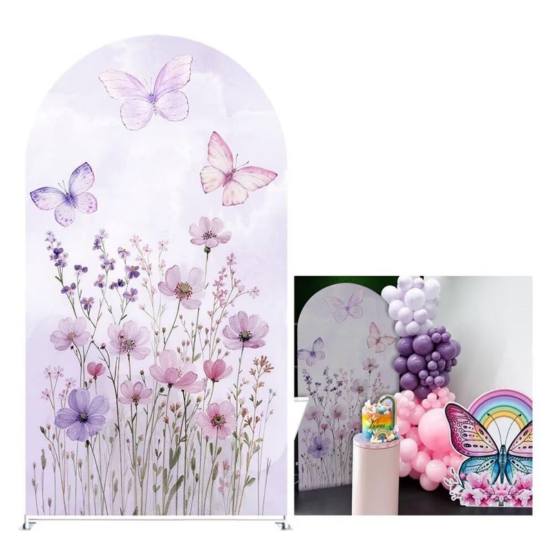 KONPON Butterfly Arched Backdrop Cover Spring Pink Purple Flowers Stretchy Arched Stand Cover for Girls Birthday Party Decorations No Stand - Image 2