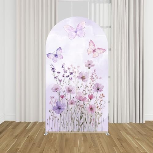 KONPON Butterfly Arched Backdrop Cover Spring Pink Purple Flowers Stretchy Arched Stand Cover for Girls Birthday Party Decorations No Stand - Image 3
