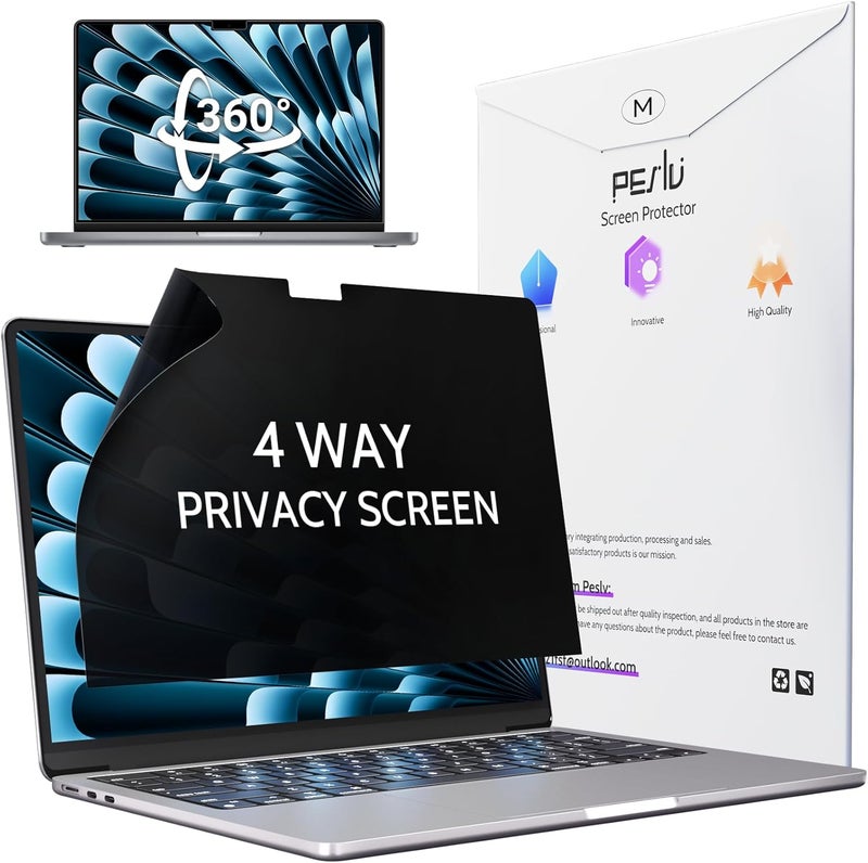 Peslv شاشة خصوصية 360° 4 Way لجهاز Macbook Air 13.6 و13 بوصة (2022-2025، M2، M3، M4)، غطاء خصوصية مضاد للوهج الأزرق ومضاد للتجسس، واقي أمان أسود خالٍ من الفقاعات لجهاز Mac المحمول - Image 1