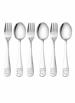 6-Piece Stainless Steel Kids Flatware Set with Bear Design - Safe Toddler Utensils Including 3 Forks and 3 Spoons for Children