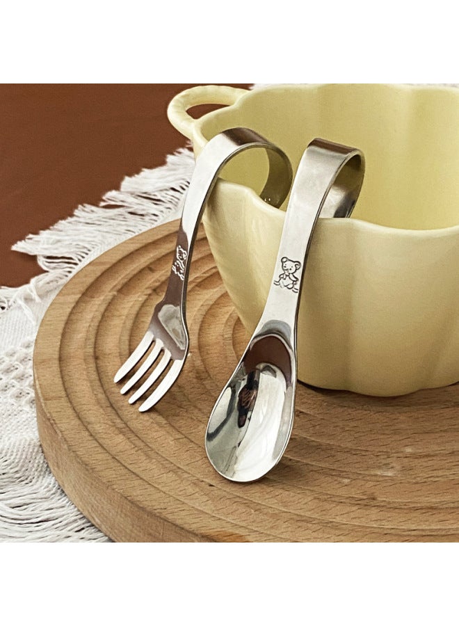 Curved Fork Spoon 316 Stainless Steel Baby's Short Handle Auxiliary Food Spoon Food Grade Household Children's Self-eating Tableware-Specifications:No Specifications-Color:Fork And Spoon + Storage Box - Image 3