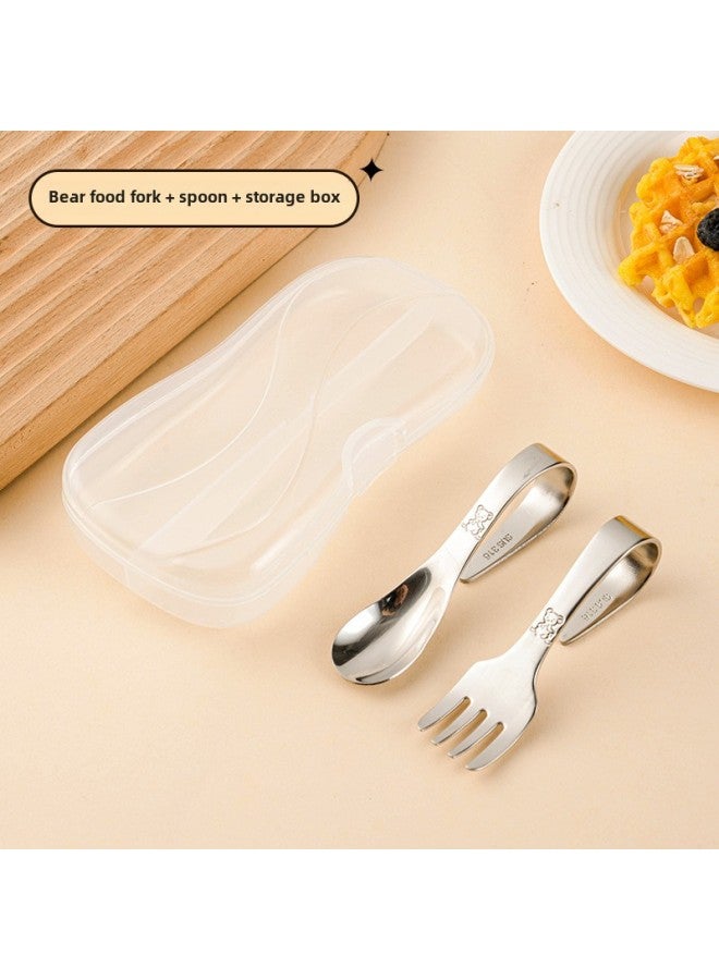 Curved Fork Spoon 316 Stainless Steel Baby's Short Handle Auxiliary Food Spoon Food Grade Household Children's Self-eating Tableware-Specifications:No Specifications-Color:Fork And Spoon + Storage Box - Image 1