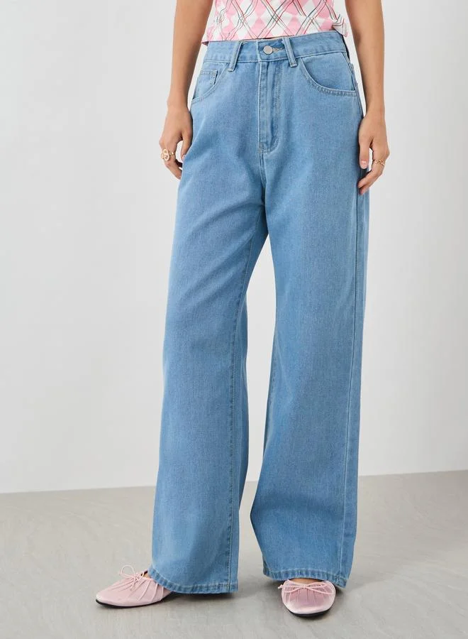 تايك تو Take Two Solid Mid Rise Wide Leg Jeans