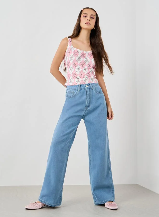 تايك تو Take Two Solid Mid Rise Wide Leg Jeans