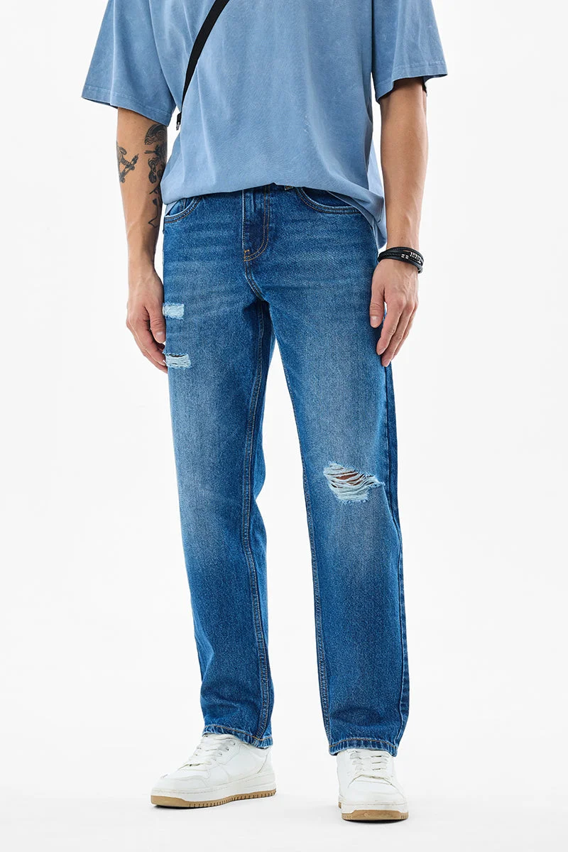 SNITCH Blue Textured Relaxed Streetwear Jeans