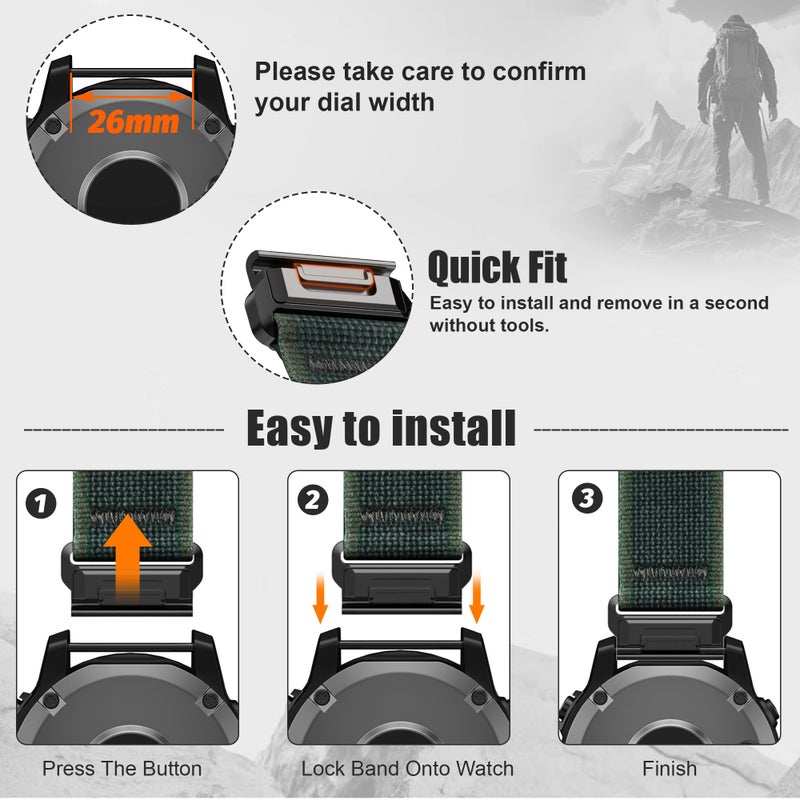 ANCOOL حزام ANCOOL متوافق مع Garmin Fenix 7X/6X/5X، أحزمة نايلون سهلة التركيب 26 مم لـ Garmin Fenix 3/5X Plus/6X Pro/Tactix Delta/Enduro 2 (أسود) - Image 3