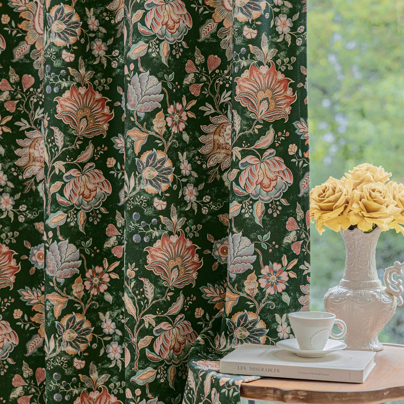 FMFUNCTEX 100% Boho Blackout Floral Curtains for Bedroom, Vintage Flower Patternd Emerald Green Curtains 84 Inch Length for Living Room Darkening Thermal Insulated Grommet Window Drapes 2 Panels - Image 1