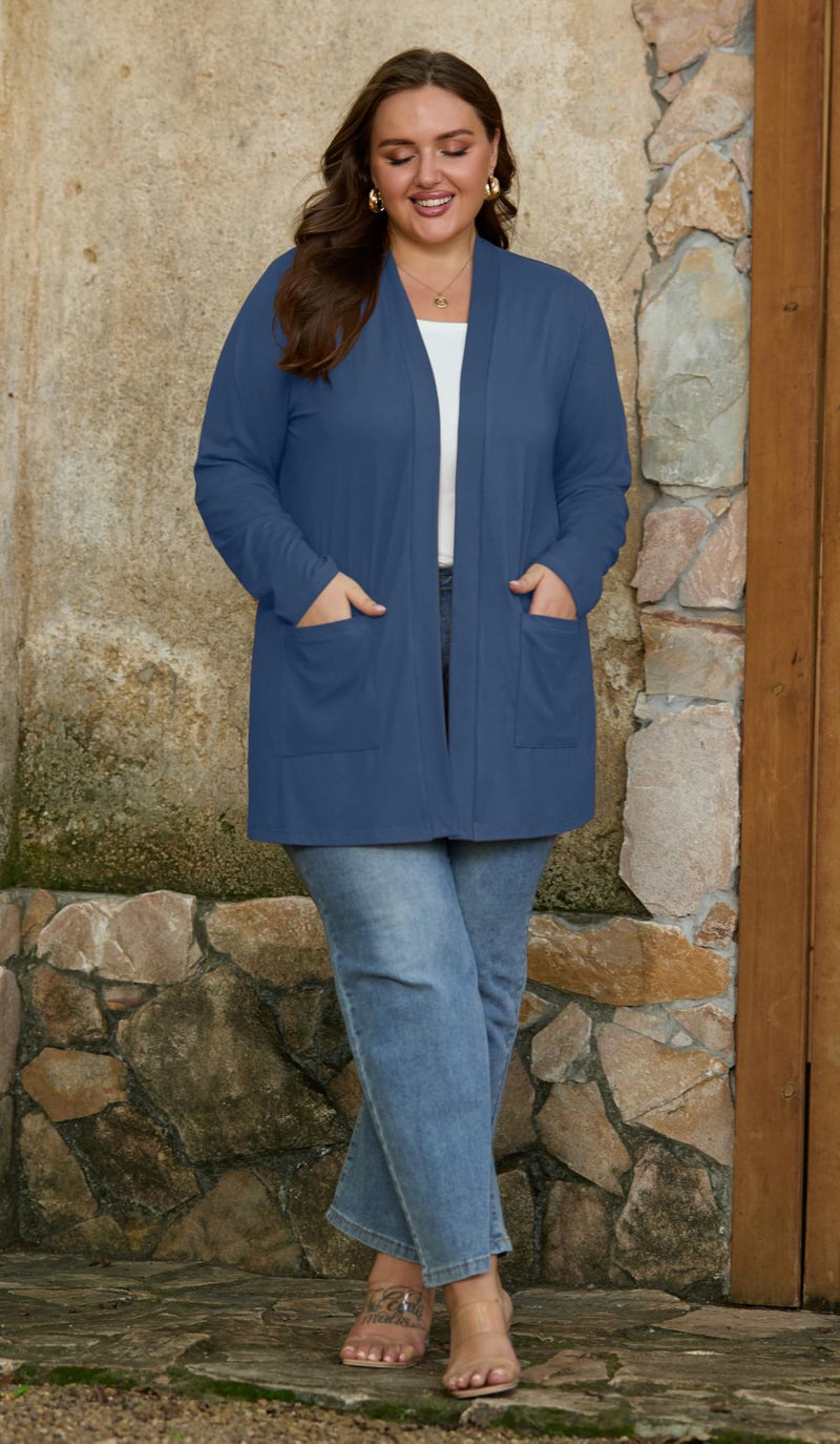 OLRIK Womens Plus Size Sweaters Cardigan For Women Plus Size Jackets Denim Blue-3X - Image 3
