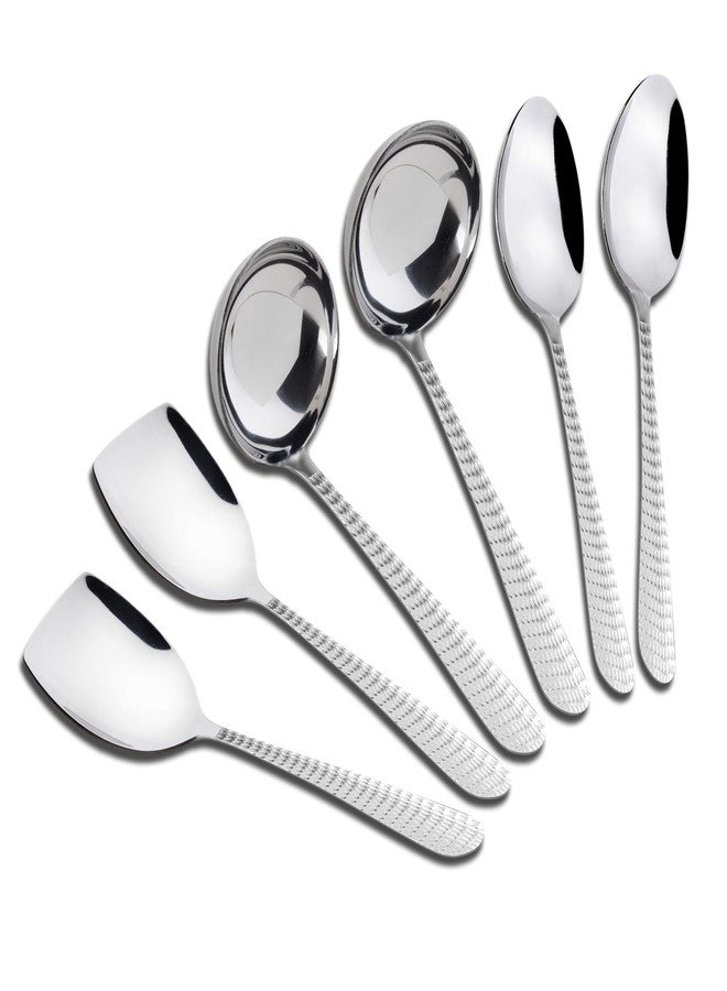 AXIOM Serving Tools Stainless Steel 6 Piece Heavy Gauge Non-Stick Set Of 2 Soup Ladle (Karchi), 2 Solid Spoon (Chamcha) And 2 Rice Spoon For Serving Soup/Curry/Dal/Rice/Pasta ,23 Cm - Image 1