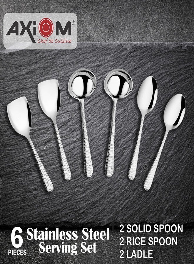 AXIOM Serving Tools Stainless Steel 6 Piece Heavy Gauge Non-Stick Set Of 2 Soup Ladle (Karchi), 2 Solid Spoon (Chamcha) And 2 Rice Spoon For Serving Soup/Curry/Dal/Rice/Pasta ,23 Cm - Image 2