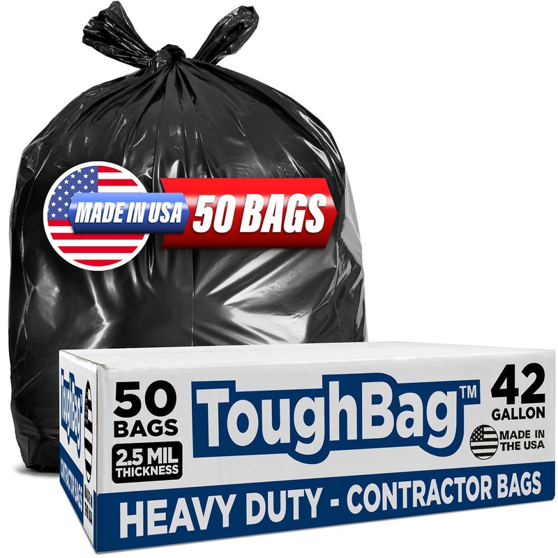 ToughBag 42 Gallon Trash Bags 25 Mil Contractor Garbage Bags 50 COUNT Heavy Duty Black Garbage Can Liners 38 x 48 Construction Lawn Industrial Leaf Made in USA
