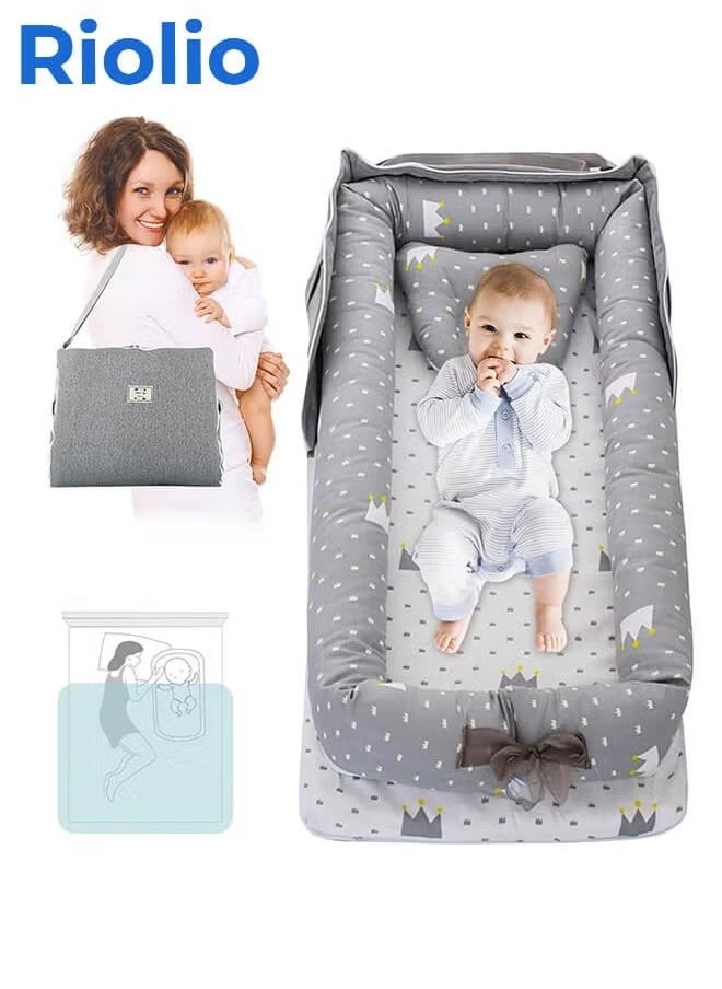 Riolio Portable Foldable Cotton Baby Bed with Pillow Foldable Crib Bed Baby Lounger Travel Infant Newborn Baby Nest Portable Baby Bedding  - Image 1