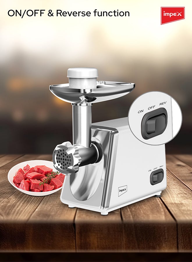 Impex Meat Grinder 1800W MG 3801, Electric Meat Mincer with 100% Copper Motor, Reverse Function, Stainless Steel Blade, 2 Cutting Plates, Metal Tray, Food Pusher, Heavy Duty Grinder, 2 Year Warranty 1800 W MG 3801 White/Silver - Image 4