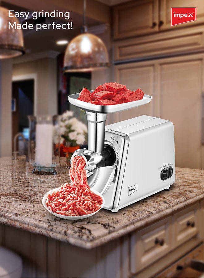 Impex Meat Grinder 1800W MG 3801, Electric Meat Mincer with 100% Copper Motor, Reverse Function, Stainless Steel Blade, 2 Cutting Plates, Metal Tray, Food Pusher, Heavy Duty Grinder, 2 Year Warranty 1800 W MG 3801 White/Silver - Image 3