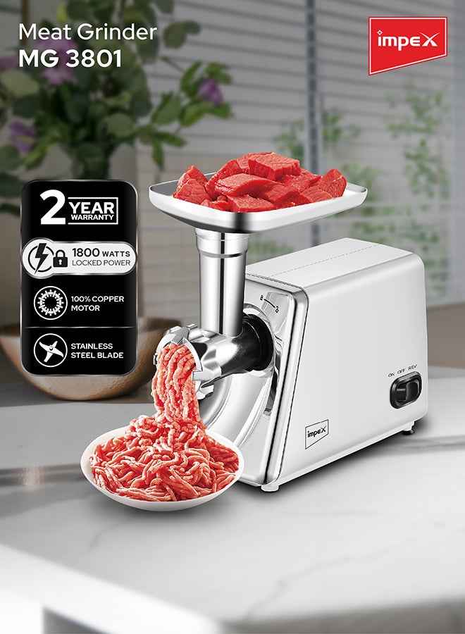 Impex Meat Grinder 1800W MG 3801, Electric Meat Mincer with 100% Copper Motor, Reverse Function, Stainless Steel Blade, 2 Cutting Plates, Metal Tray, Food Pusher, Heavy Duty Grinder, 2 Year Warranty 1800 W MG 3801 White/Silver - Image 2