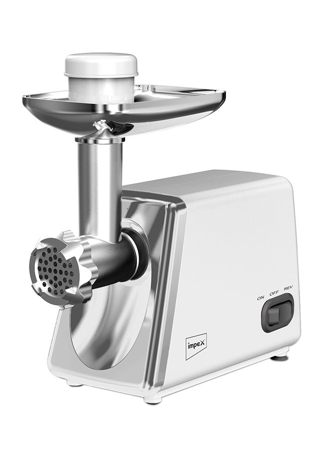 Impex Meat Grinder 1800W MG 3801, Electric Meat Mincer with 100% Copper Motor, Reverse Function, Stainless Steel Blade, 2 Cutting Plates, Metal Tray, Food Pusher, Heavy Duty Grinder, 2 Year Warranty 1800 W MG 3801 White/Silver - Image 1