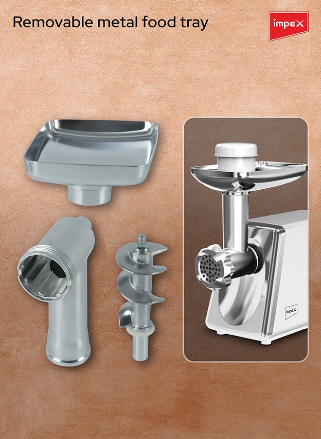 Impex Meat Grinder 1800W MG 3801, Electric Meat Mincer with 100% Copper Motor, Reverse Function, Stainless Steel Blade, 2 Cutting Plates, Metal Tray, Food Pusher, Heavy Duty Grinder, 2 Year Warranty 1800 W MG 3801 White/Silver - Image 5