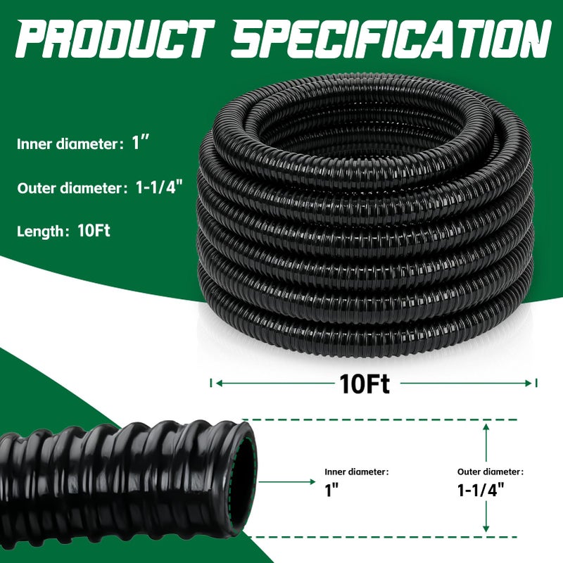 Wocloer Pond Tubing 1â€ Ã— 10 Feet Black Flexible PVC Pond Hose,Garden Pond PVC Tube - Reinforced, Kink-Resistant Tubing for Pumps, Fountains & Waterfalls, with 4 Clamps,1" Dia - Image 2