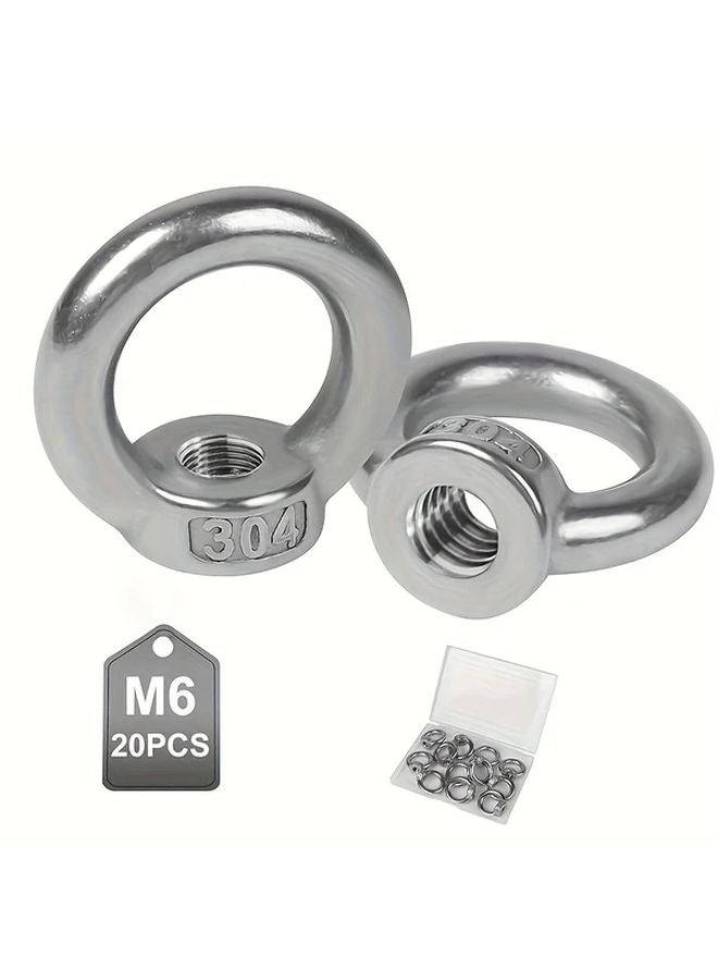 M6 Stainless Steel Eye Nuts Silver 20pcs Internal Thread Ring Bolts Lifting Equipment - Image 1