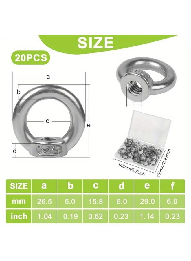 M6 Stainless Steel Eye Nuts Silver 20pcs Internal Thread Ring Bolts Lifting Equipment - Image 3