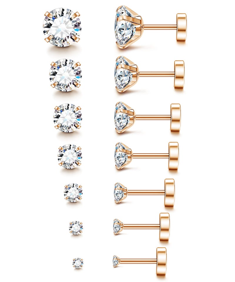 Fansilver 20G Hypoallergenic Flat Back Earrings for Women Men Silver 14K Gold Stainless Steel Stud Earrings Brithstone Cubic Zirconia Studs Surgical Steel Cartilage Earrings for Sensitive Ears - Image 1