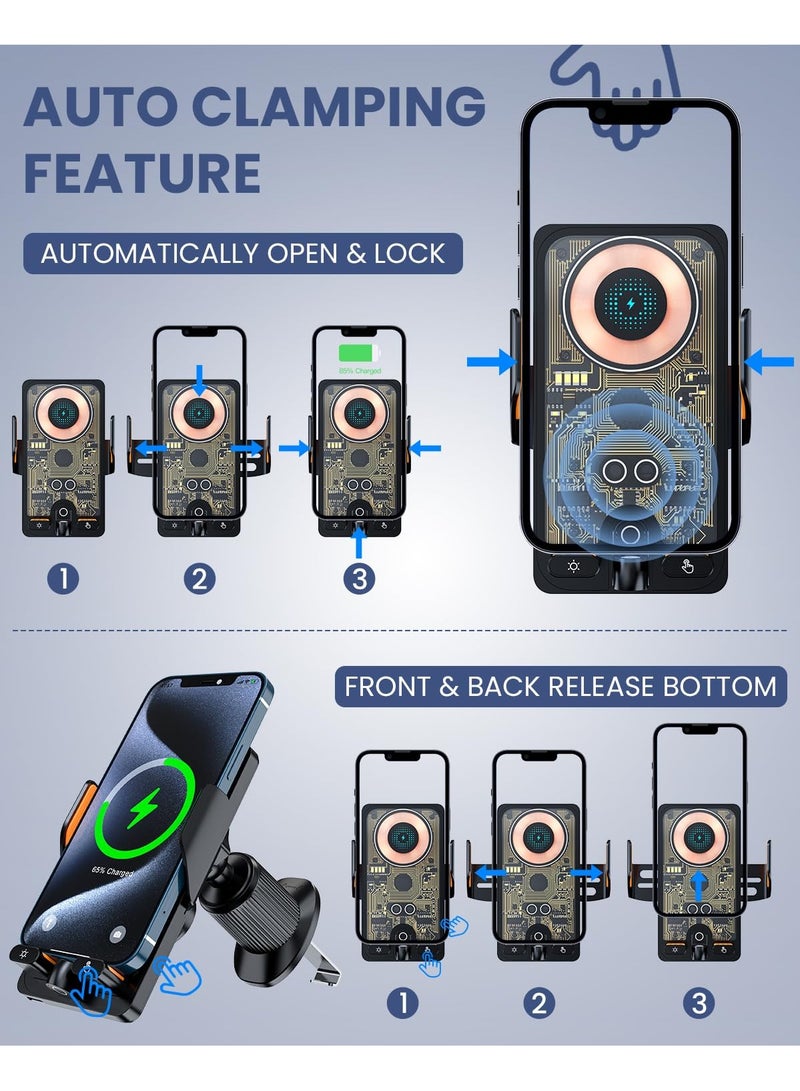 SYOSI Wireless Car Charger, Fast Charging Phone Holder, 3 in 1 Phone Mount Auto Clamping Car Accessories, Compatible with iPhone 15 14 13 12 11 Xs XR, Samsung S23 Ultra S22 S21 S20/S10+ S9+ Note 9, Black - Image 2