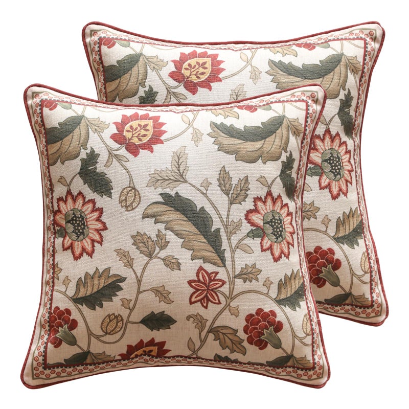ISAENNE Design Square Pink Floral Linen Throw Pillow Covers 18"x18" Pack of 2, Vintage Country Flowers Pattern Cushion Covers Decor Pillowcases for Bed,Living Room,Outdoor,Car - Image 1