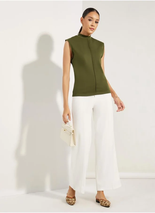 Styli Solid Sleeveless High Neck T-Shirt