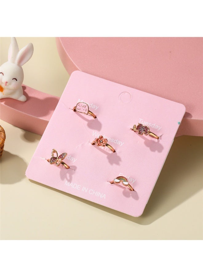 5-Piece Cartoon Ring Set Children's Adjustable Rings Pink - Image 3